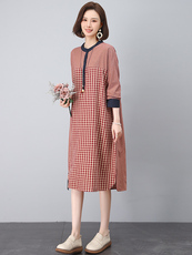 格子衬衫连衣裙女2025秋季中长款气质新款宽松显瘦棉短袖格子裙，女装连衣裙，江忆布依