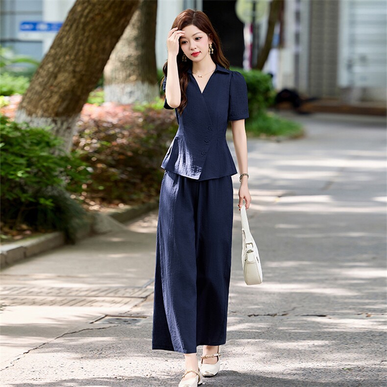 高级感时尚套装女2025夏季新款气质收腰显瘦短袖衬衫阔腿裤两件套,女装套装/套裙,姿衣坊