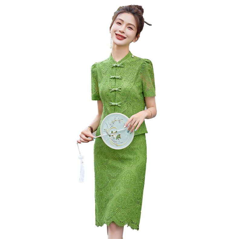 改良旗袍蕾丝连衣裙女装2024夏季新款高端气质年轻款新中式两件套,女装套装/套裙,布依丽人