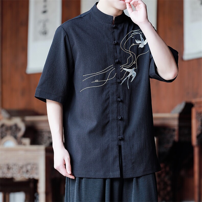 新中式男士大码风燕子刺绣立领盘扣中式衬衫T2520-P65控89,男装衬衫,电商A021