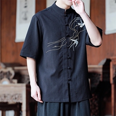 新中式男士大码风燕子刺绣立领盘扣中式衬衫T2520-P65控89，男装衬衫，电商A021