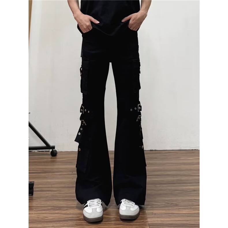 黑色vibe绑带工装牛仔裤男cleanfit高街修身微喇裤子L83599-P60,男装牛仔裤,星座1008