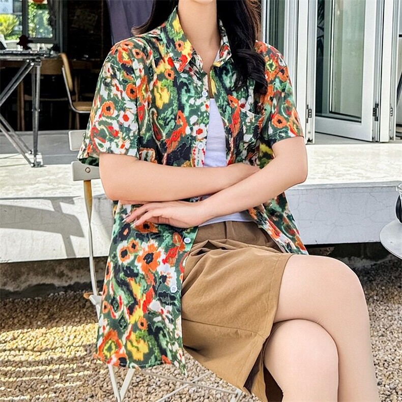 2025新款短袖花衬衫女日系复古港味风夏威夷夏季衬衣CS125/P30,女装衬衫,星座506