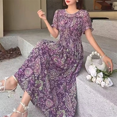（现货）紫色碎花收腰显瘦V领连衣裙子夏款中长款连衣裙女装，女装连衣裙，韩蔻秀