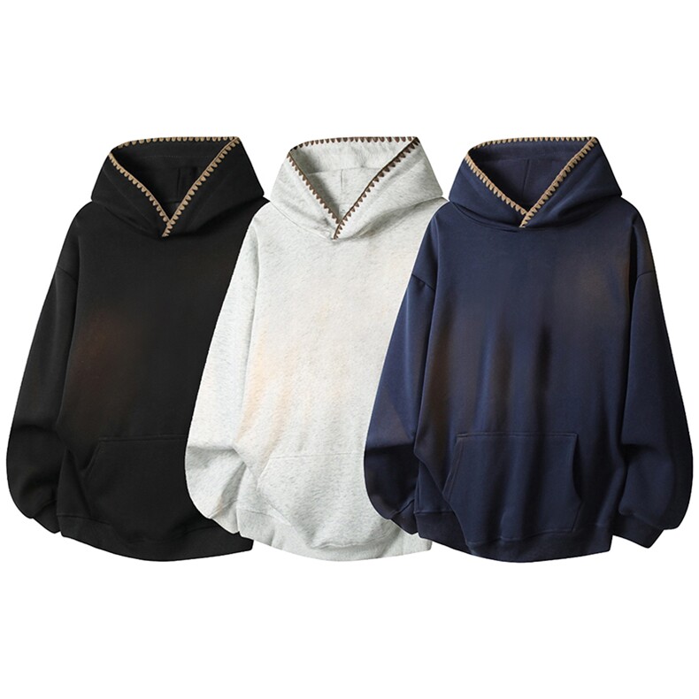 抖音得物高品质二开25秋冬美式重磅宽松纯色连帽贝壳刺绣卫衣W63，男装卫衣，电商A486