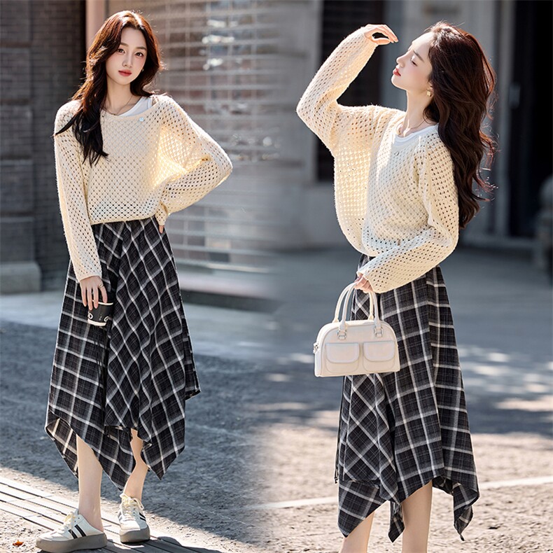 套装女2025秋季新款时尚气质镂空圆领长袖上衣半身裙两件套，女装套装/套裙，天丝秀