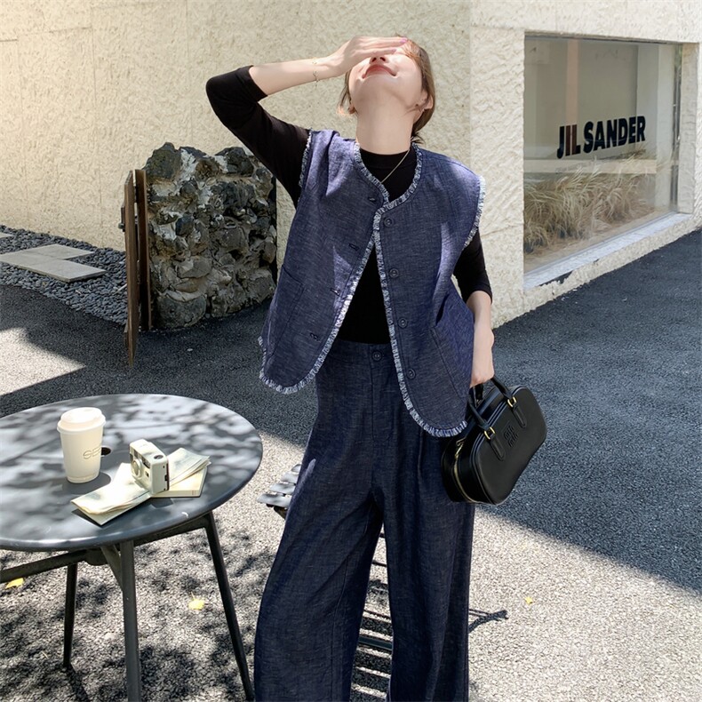 韩系复古牛仔马甲套装女2025秋季新款小个子设计感上衣长裤三件套,女装套装/套裙,2C170