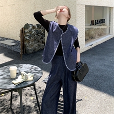 韩系复古牛仔马甲套装女2025秋季新款小个子设计感上衣长裤三件套，女装套装/套裙，2C170