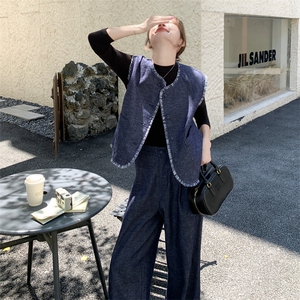 韩系复古牛仔马甲套装女2025秋季新款小个子设计感上衣长裤三件套图片