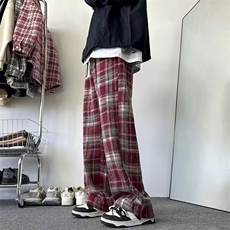 毛呢加绒格子裤女秋冬加绒加厚小个子直筒阔腿裤百搭高腰休闲卫裤，男装休闲裤，星座1013