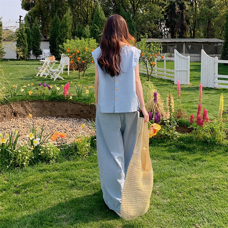 蓝色超好看休闲减龄背心套装女夏新款小个子无袖上衣阔腿裤两件套,女装套装/套裙,2C280