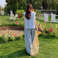 蓝色超好看休闲减龄背心套装女夏新款小个子无袖上衣阔腿裤两件套，女装套装/套裙，2C280