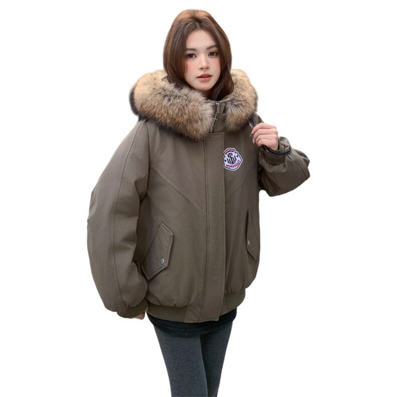工装风大毛领羽绒服女短款2025冬季新款时尚加厚派克服军绿色外套,女装羽绒服,艾米莉亚