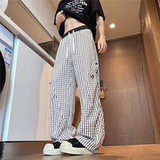 K5051/P40夏季薄款透气凉感格子裤男女同款垂感褶皱休闲裤长裤子，男装休闲裤，电商A141