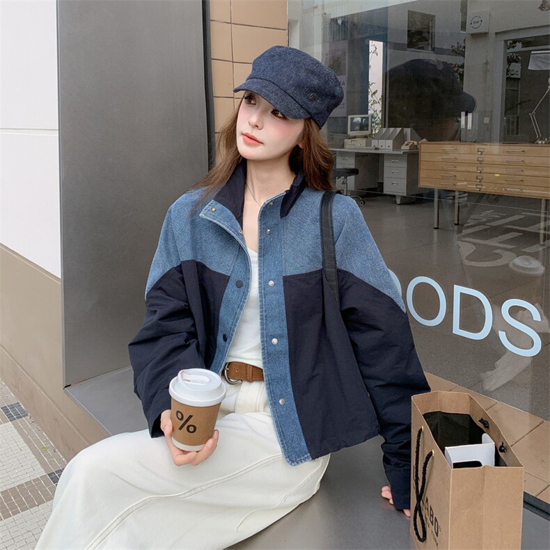 撞蓝色复古拼接牛仔外套2025新款女秋季韩系chic立领短款夹克上衣,女装短外套,1C071-1