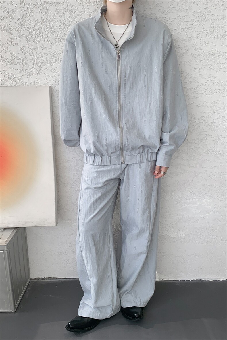 春秋男士韩系设计款牛仔套装割洞提花重工水洗外套牛仔裤套装,男装休闲套装,电商B319
