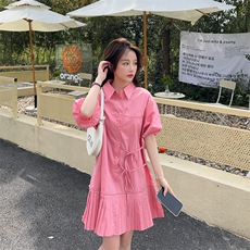 【现货】新款百褶小清衬衫式新款系带宽松版连衣裙女裙子夏短袖，女装连衣裙，韩秀