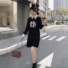 春季新款针织连衣裙女中长款修身显瘦气质百搭时尚长袖裙子，女装连衣裙，秋水欣儿