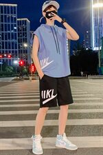 夏季情侣装青少年纯棉宽松无袖T恤连帽运动背心套装男TZ267-P60，男装背心/马甲，电商A441
