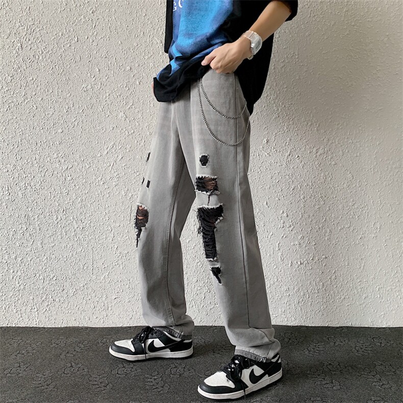 美潮浅灰夏季薄款宽松休闲直筒牛仔长裤男N0860-P48送链子,男装牛仔裤,星座308B-1