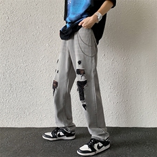 美潮浅灰夏季薄款宽松休闲直筒牛仔长裤男N0860-P48送链子，男装牛仔裤，星座308B-1