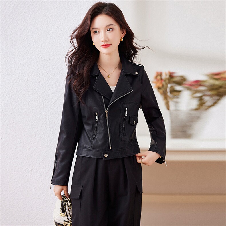 西装领皮衣外套女2023年春季新款韩版短款百搭机车服流行皮夹克,女装皮衣,江南女神