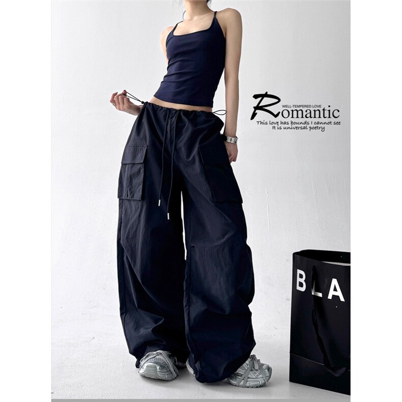 美式工装阔腿裤女2025新款夏季抽绳高腰印花设计感拖地长裤潮，女装休闲裤，星座1210-1