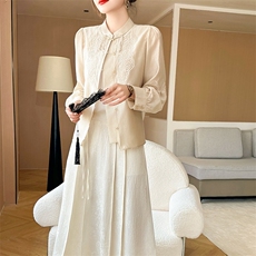 中国风立领打底衫女蕾丝拼接盘扣宽松长袖外穿气质百搭针织衫内搭，女装衬衫，澳冬特羊绒