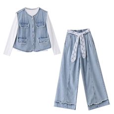 2025秋新款蕾丝拼接收腰牛仔马甲背心阔腿裤三件套，女装套装/套裙，瑶迪