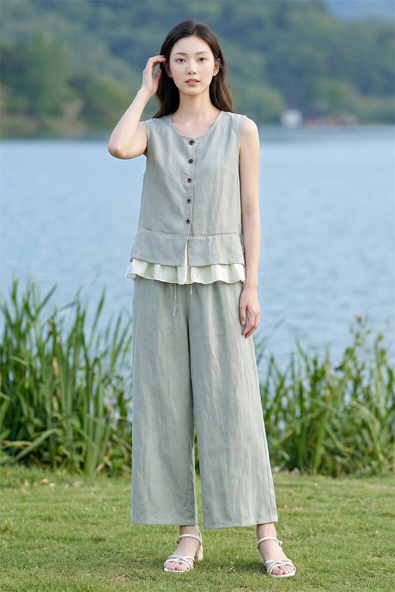 亚麻套装夏季女两件套,女装套装/套裙,曼沙奕珂