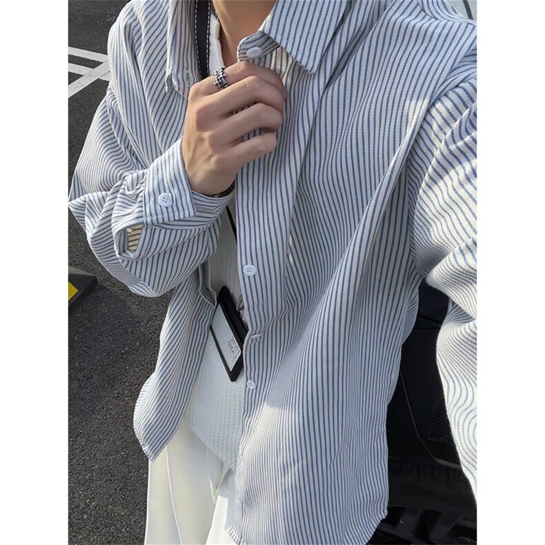 日系复古条纹长袖衬衫男高级感穿搭大码休闲衬衣外套C2251-特价28,男装衬衫,电商A007
