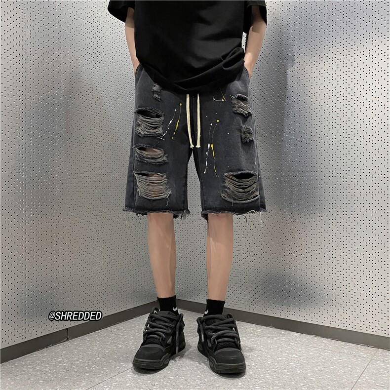 新款港风潮流破洞牛仔裤宽松大码短裤五分裤K5018B315P45控58,男装牛仔裤,电商B315