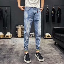 秋季薄款破洞九分牛仔裤男修身小脚弹力韩版乞丐哈伦裤子P45，男装牛仔裤，星座410-6（原星座1304-1）