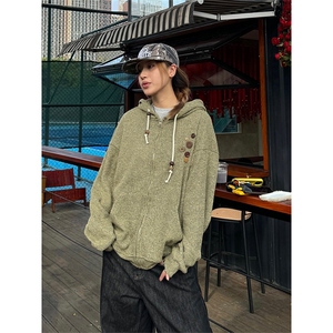 美式复古设计感针织连帽外套男女小众早春慵懒卫衣开衫潮牌图片