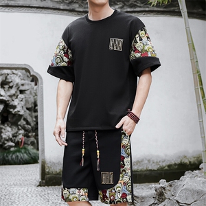 夏季薄款刺绣拼接休闲运动短裤T恤套装小熊拼接A266-TZ8808-P50图片