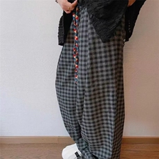 2024复古彩色飘带格子加绒休闲裤子男春秋新款bf慵懒风宽松阔腿裤，男装卫衣，星座506A