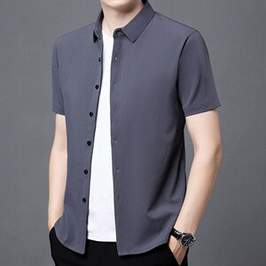 中年男装短袖衬衫男士纯色衬衣高端商务抗皱免烫工装正装衬衫外套图片