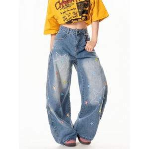 牛仔裤女春季新款遮肉显瘦直筒裤窄版绣花阔腿长裤 NG178图片