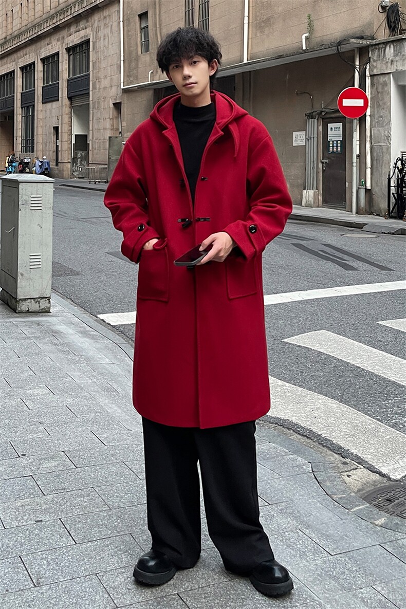 秋冬牛角扣连帽毛呢大衣男休闲宽松风衣外套MN00706/P125加棉P135,男装风衣,电商B316