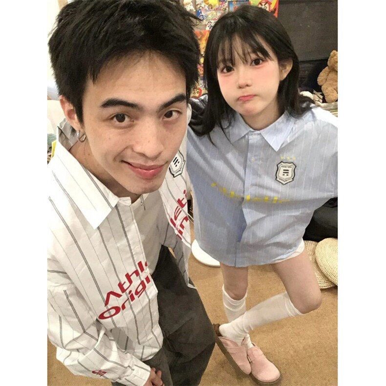 706-1-CS755-P48现货秋季美式运动撞色条纹衬衫情侣印花衬衣,男装衬衫,星座706-1