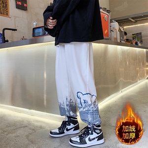 秋冬季新港风加绒加厚休闲裤男潮牌印花束脚裤K02114-P45加绒P55图片