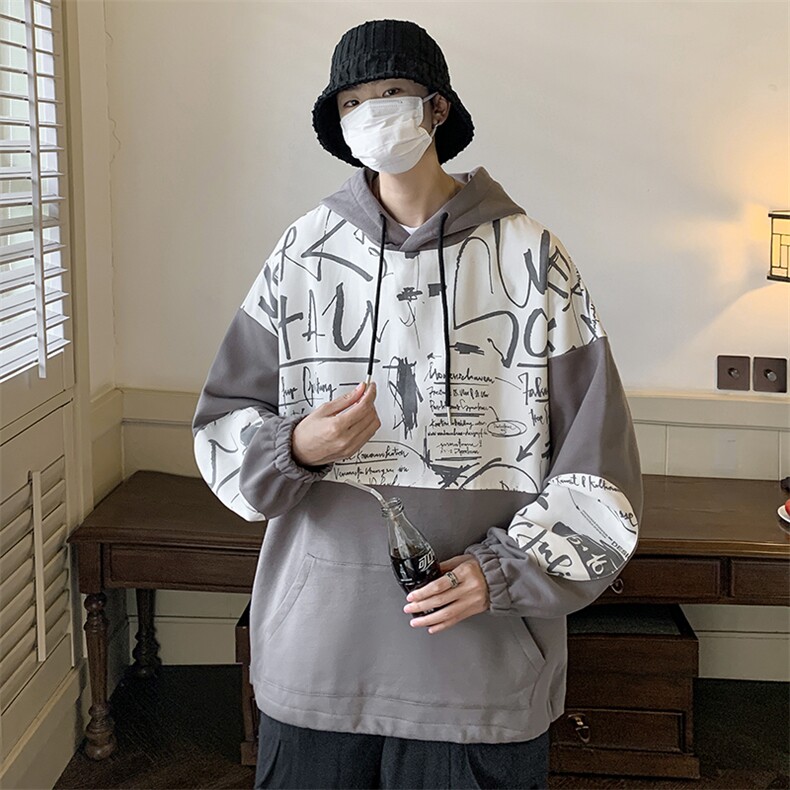 高品质纯棉2023秋冬拼接复古连帽卫衣男潮流上衣XW221-P65限88,男装卫衣,电商B370