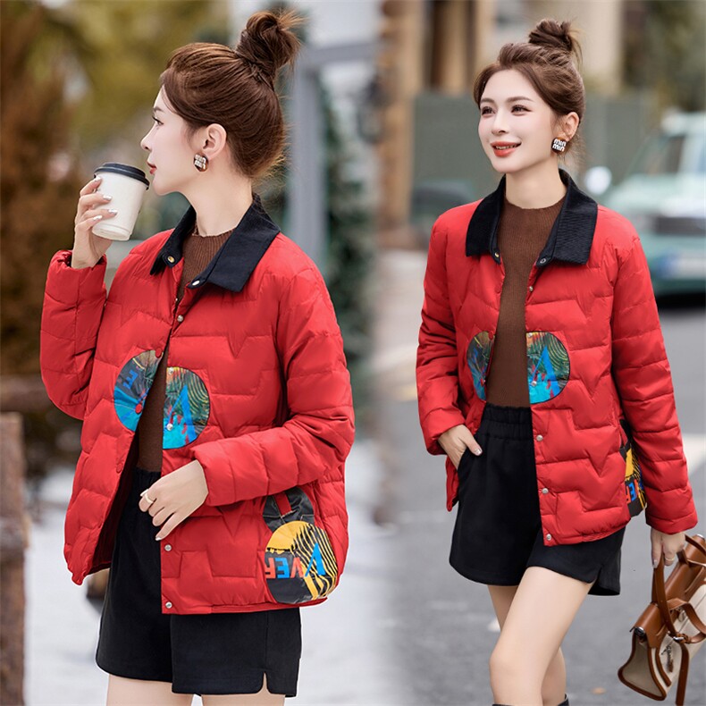 小翻领风印花图案短款羽绒服8027P165,女装羽绒服,乐衣轩