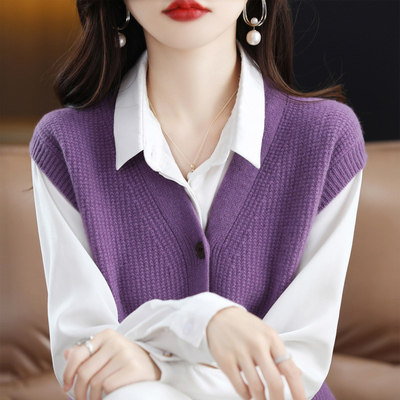 时尚百搭羊毛V领开衫马甲优雅显瘦女士外套,女装马甲,洁纯羊绒