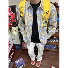 黄蓝色复古磨毛格子衬衫男秋季美式cleanfit外套叠穿休闲长袖衬衣，男装衬衫，星座1008
