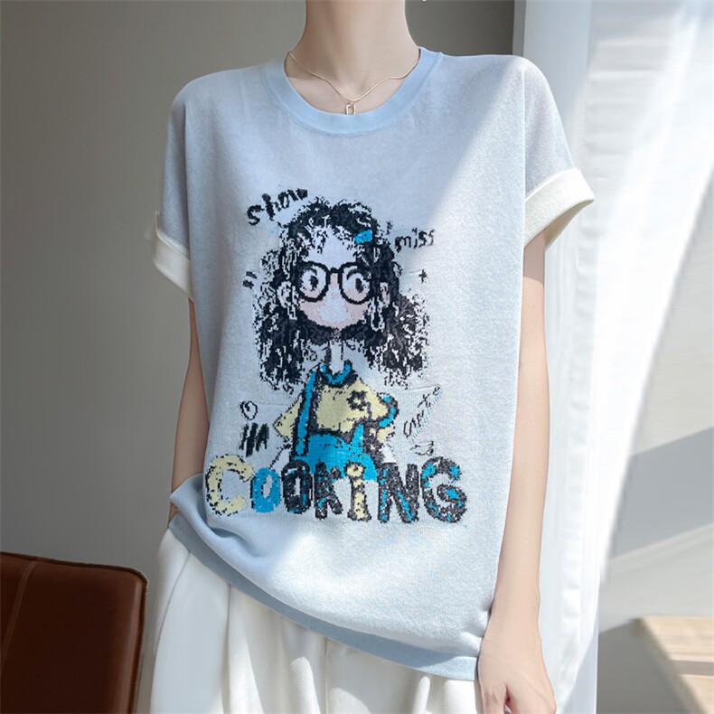 夏季新款竹节麻卷发眼镜女孩短袖女修身显瘦百搭时尚休闲上衣潮图片