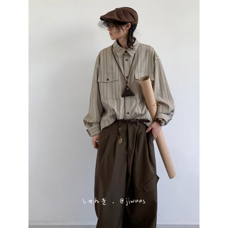 春秋日系复古竖条纹衬衫男女百搭宽松休闲学院风长袖衬衣C17-P47,男装衬衫,星座308B-2