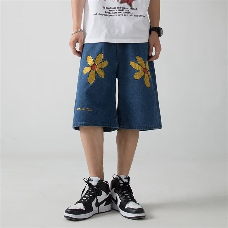 夏季牛仔短裤男韩版潮流刺绣太阳花2024夏季ins五分裤RK1983-P43,男装牛仔裤,星座412-2