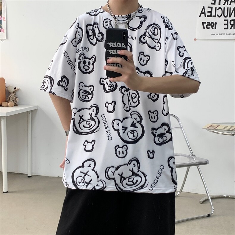 新款上衣宽松短袖T恤日韩系小熊印花INS男女半截袖体桖T584-P22,男装T恤,星座512-2