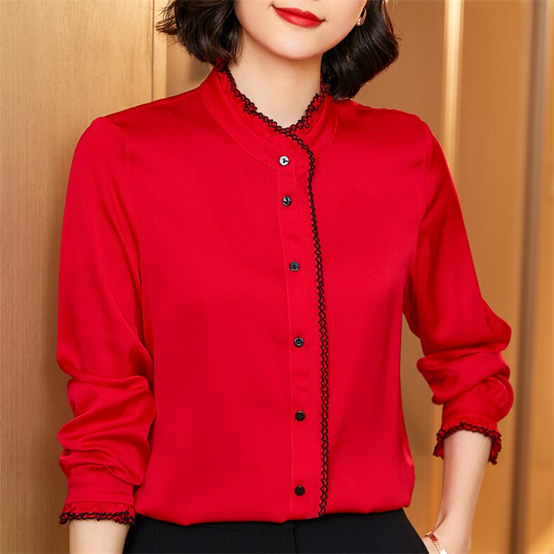 时尚优雅真丝衬衫女长袖木耳边拼接设计显瘦百搭上衣,女装衬衫,宋氏羊绒
